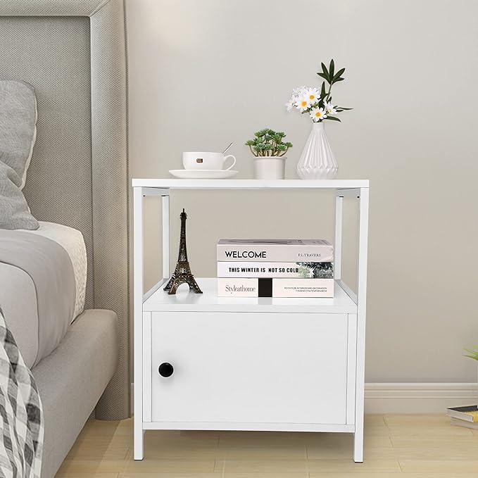 farexon Nightstand, Industrial Modern Bedside Table with Storage Cabinet, Farmhouse Accent End Side Table with Open Shelves and Metal Frame for Bedroom and Living Room, White