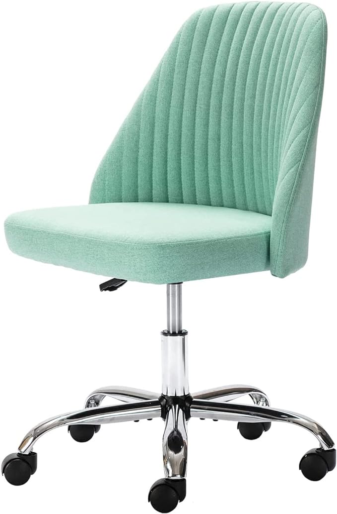 Home Office Desk Chair, Vanity Chair, Modern Adjustable Low Back Rolling Chair, Twill Upholstered Cute Office Chair, Desk Chairs with Wheels for Bedroom, Classroom, Vanity Room (Green)