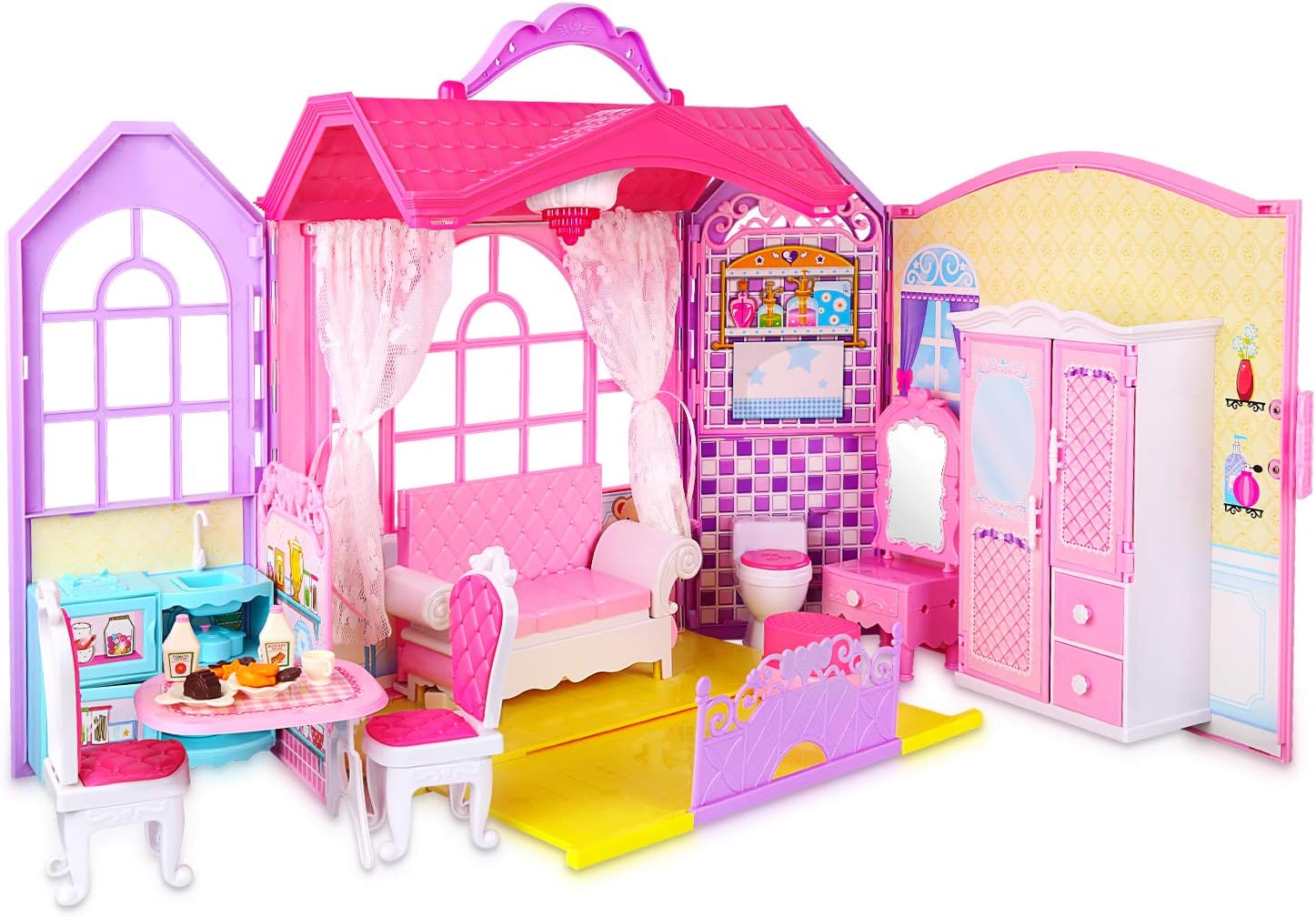 I got this for my daughter for Christmas. It fits Barbie dolls and is similar to the Barbie fold out house. BUT, this one is less money and has a ton of really cute accessories My daughter LOVED it and has been playing with it non-stop! It' adorable and folds up nicely to put away. I would recommend!