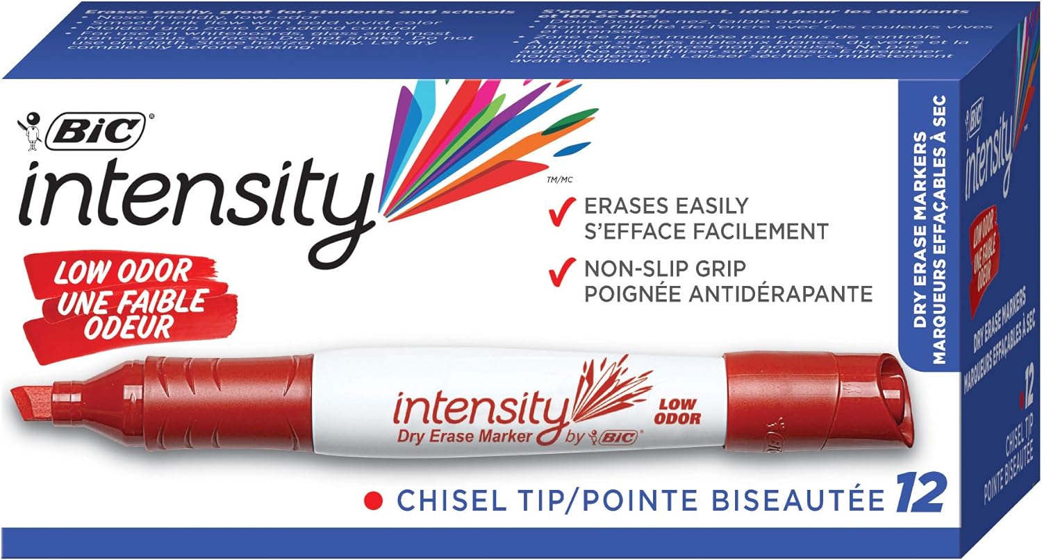 BIC Intensity Low Odor Dry Erase Marker, Tank Style, XL Bullet Tip, Red, Bold And Vivid Color, 12-Count