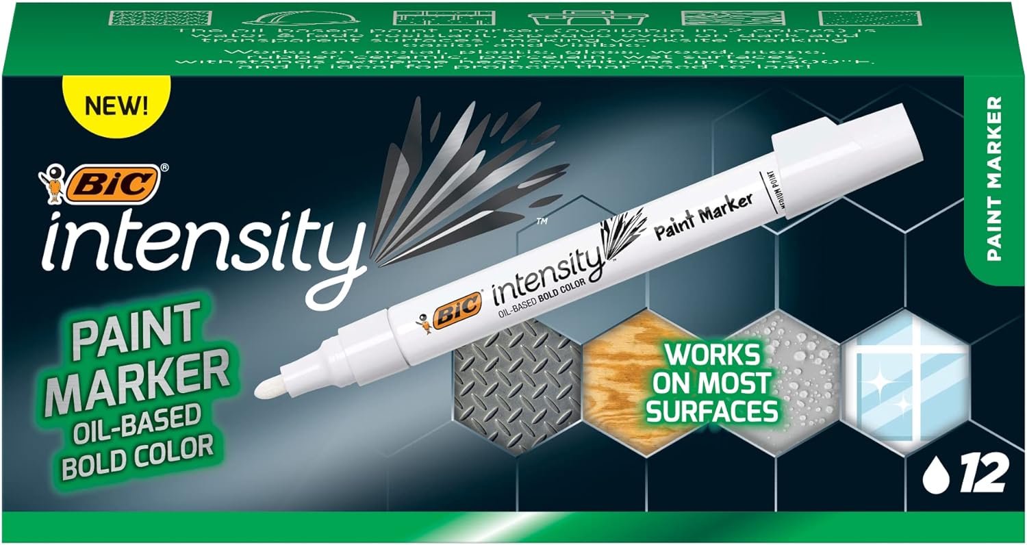 BIC Intensity Paint Markers, Industrial, Bold & Vivid Color With Oil-Based Bullet Tip, White, 12-Count Pack