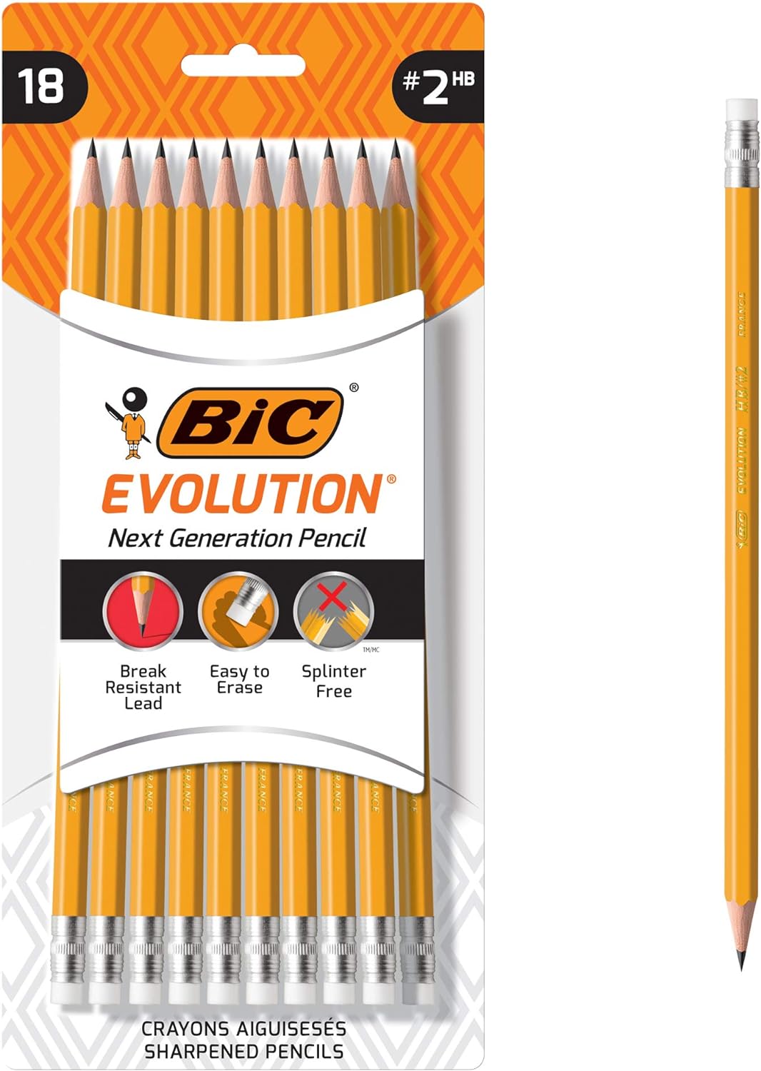 BIC Evolution #2 Lead Pencil, Yellow Barrel, Black, Certified Non-Toxic Ideal For Classroom & Home, 18-Count