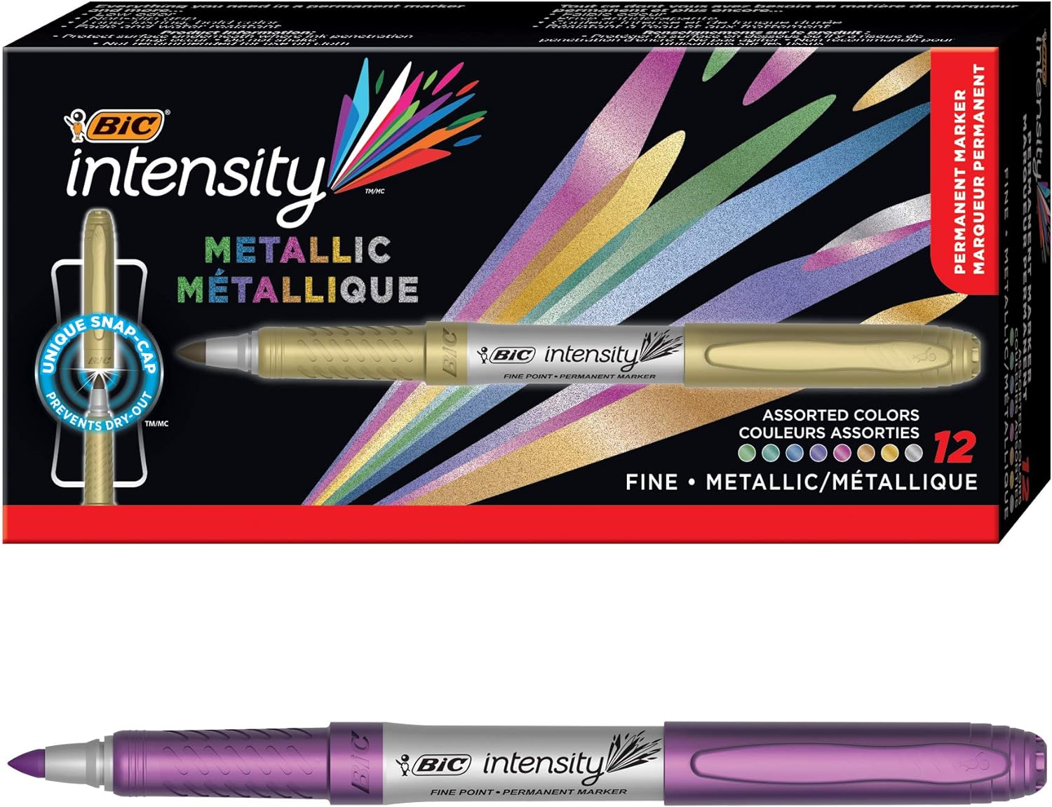 BIC Intensity Metallic Permanent Marker, Fine Point, Assorted Metallic Colors, Box of 12 Permanent Markers