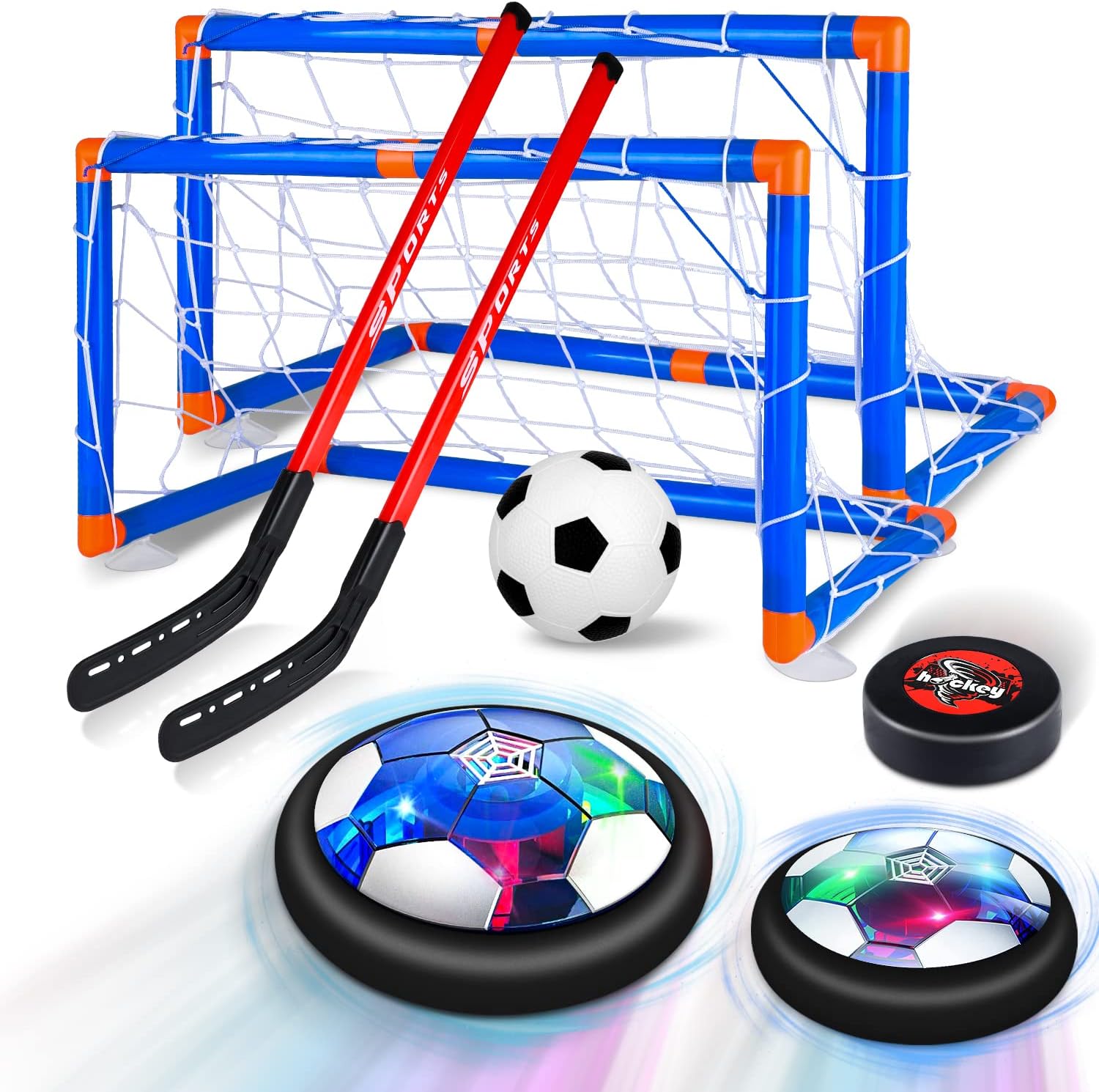 AOKESI Kids Toys 4-in-1 Hover Soccer Ball Hockey Sports Set with 2 Goal | USB Rechargeable Ice Hockey Ball with LED Starlight Light Indoor Outdoor Sports Ball Game, Sports Toy for Boy Girl Gift