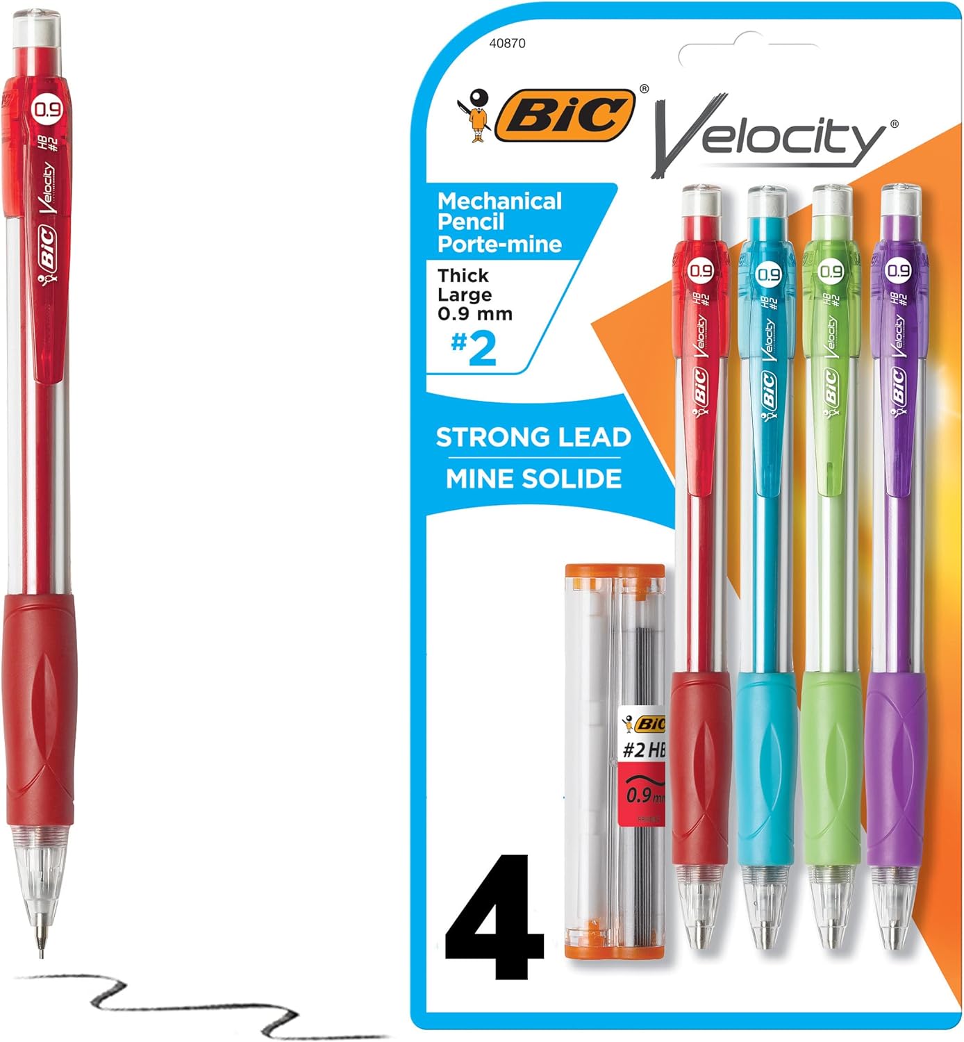 BIC Velocity Strong Lead Mechanical Pencils, With Colorful Barrel, Thick Point (0.9mm), 4-Count Pack Mechanical Pencils With Erasers