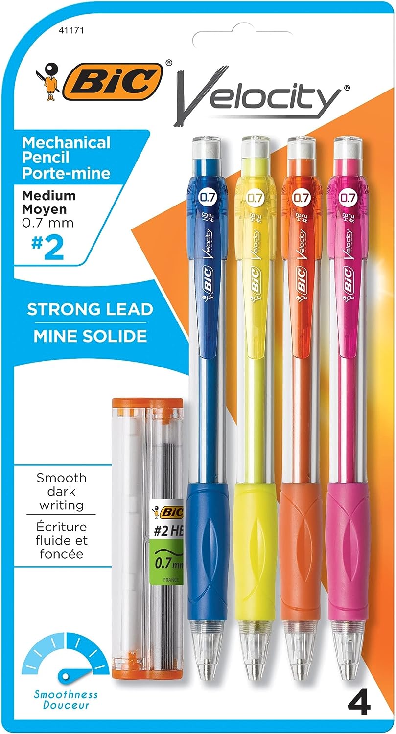 BIC Velocity Original Mechanical Pencils, Medium Point (0.7 mm), Assorted Colored Barrels, 4-Count Pack, Pencils for Office and School Supplies (MV7P41-BLK)