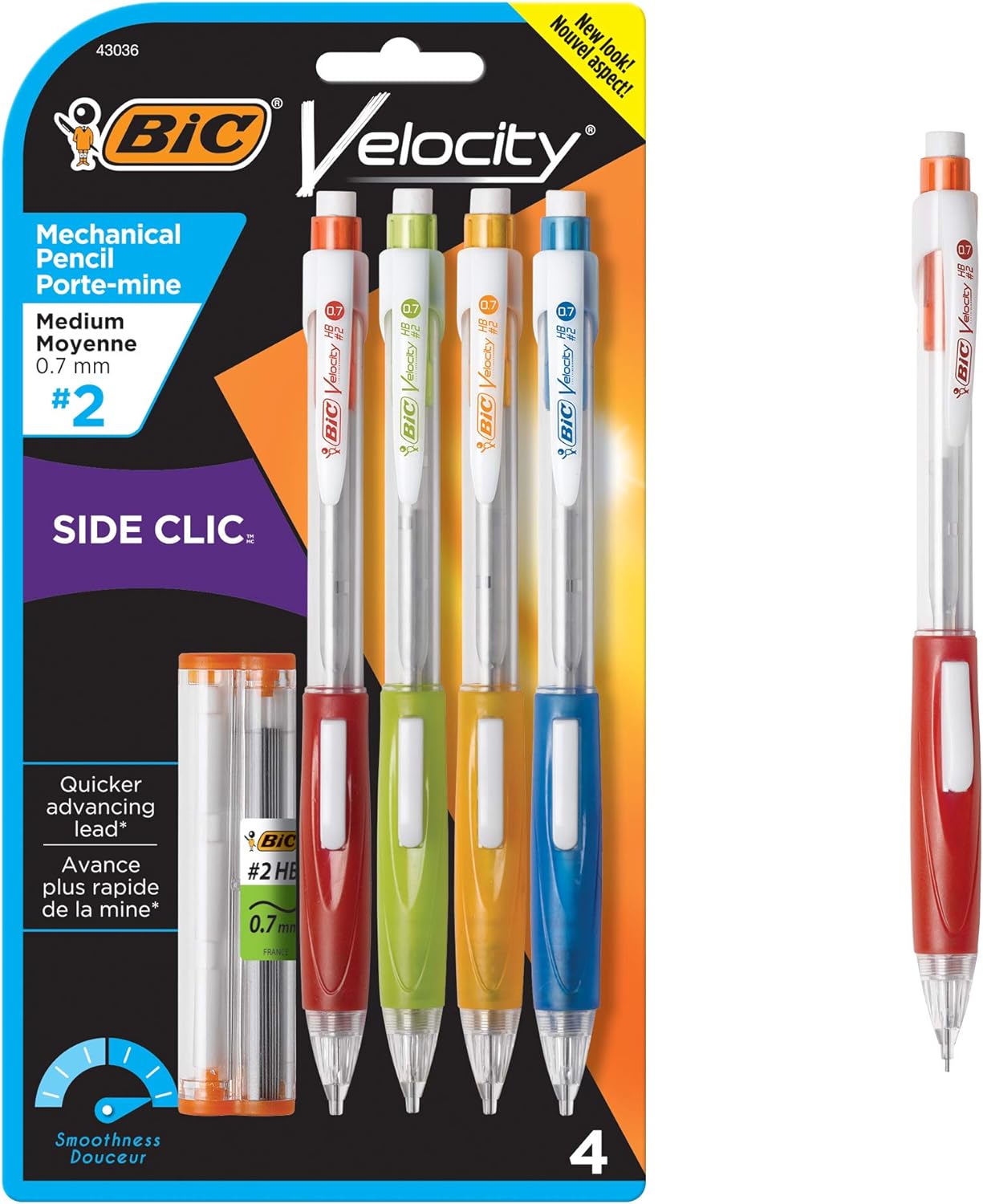 BIC Velocity Side Clic Mechanical Pencil, Medium Point (0.7mm), Black, Soft Comfortable Grip, 4-Count