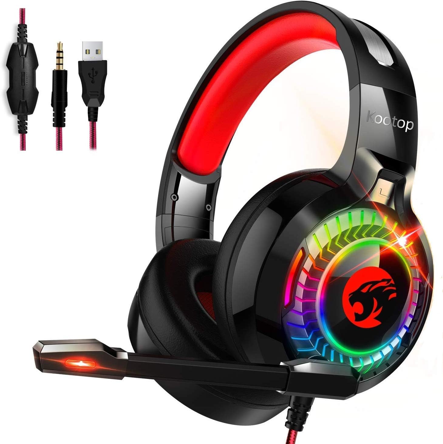 Kootop Gaming Headset for Xbox One,PS4,PC,Noise Cancelling Over Ear Headphones with Mic,RGB Light,Volume-Control, Bass, Soft Memory Earmuffs for Laptop Mac Nintendo Switch Games(Black&Red)