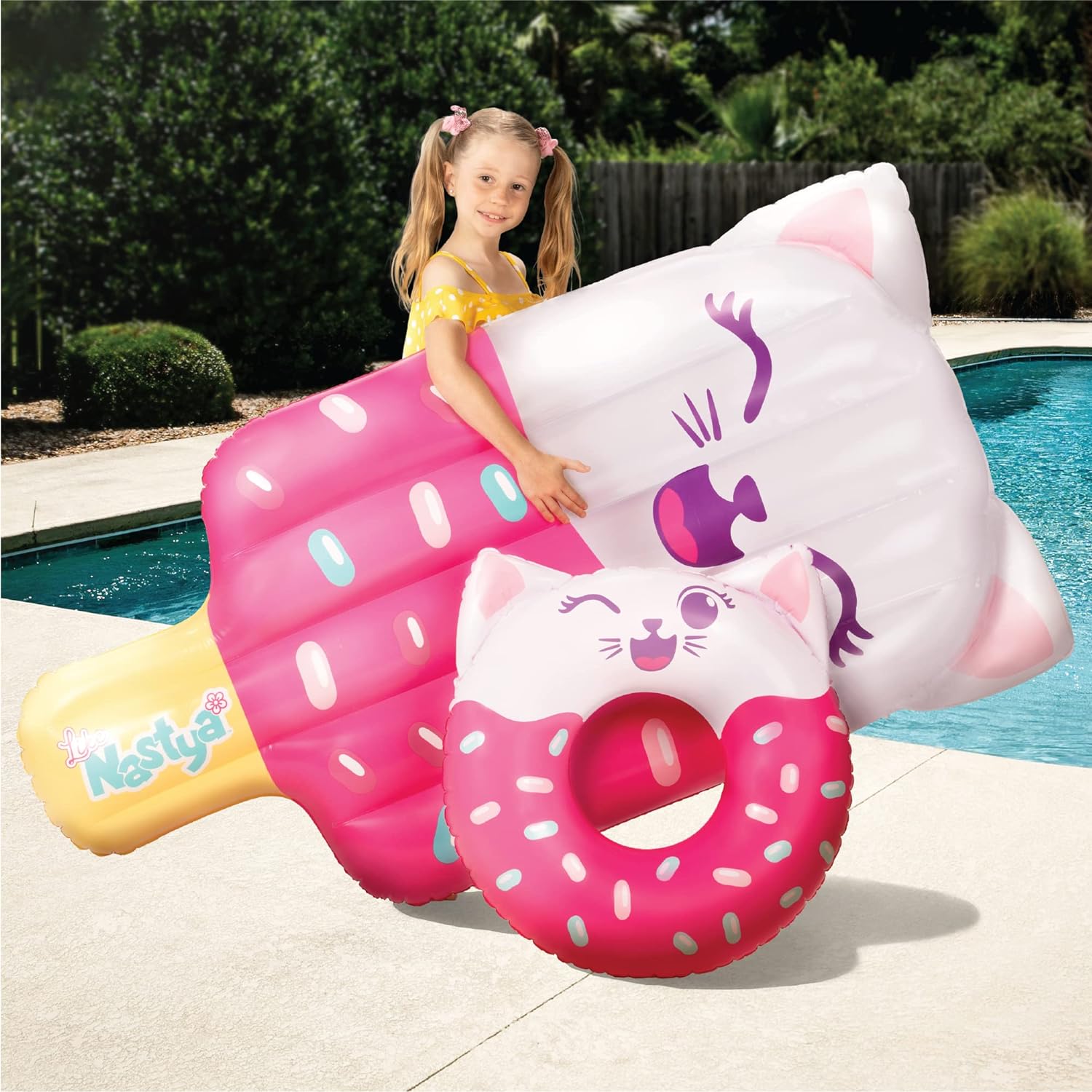 Sloosh Like Nastya Inflatable Pool Floats Set, Includes Giant Cat Ice Cream Raft with Glitters and Cat Mermaid Swimming Tube for Kids Summer Swimming Party Toys 