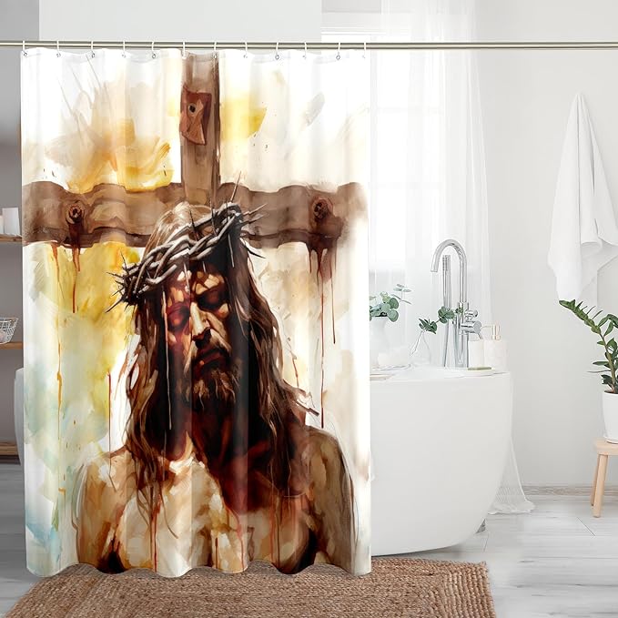 TPHIHPT Jesus Shower Curtain Cross Christian Renaissance Religious Shower Curtain with Design Bathroom Decor Cloth Fabric Machine Washable Bathtub,Multicolor,72x72 Inch