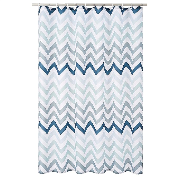 Amazon Basics Water Resistent Fabric Shower Curtain with Grommets and Hooks, Machine Washable, Blue Ombre Chevron, 72''x72''