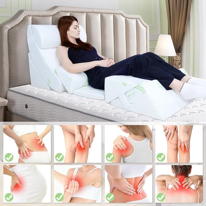 COOLBEBE 7pcs Bed Wedge Pillow Set, Premium Foam Orthopaedic Wedge Pillow for Back Neck Leg Pain Relief - Adjustable & Comfortable - Great for Sleeping, Reading, Rest Elevation