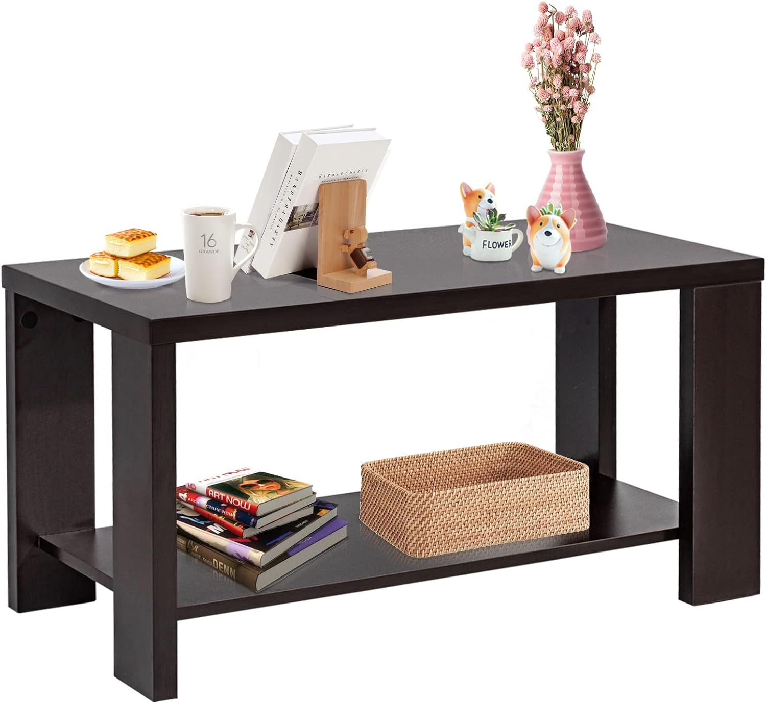 COSTWAY Coffee Table with Storage Shelf, 2-Tier Rectangular Cocktail Tea Table, Espresso Wooden Sofa Central Table for Living Room, Office, Reception Room, Easy Assembly