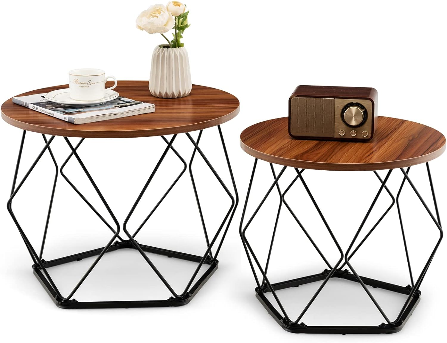 COSTWAY Round Coffee Table Set of 2, Industrial Nesting Accent Tea Table w/Rustproof Steel Frame, Non-Slip EVA Pads, Small Side End Tables for Living Room, Bedroom, Office, Rustic Brown