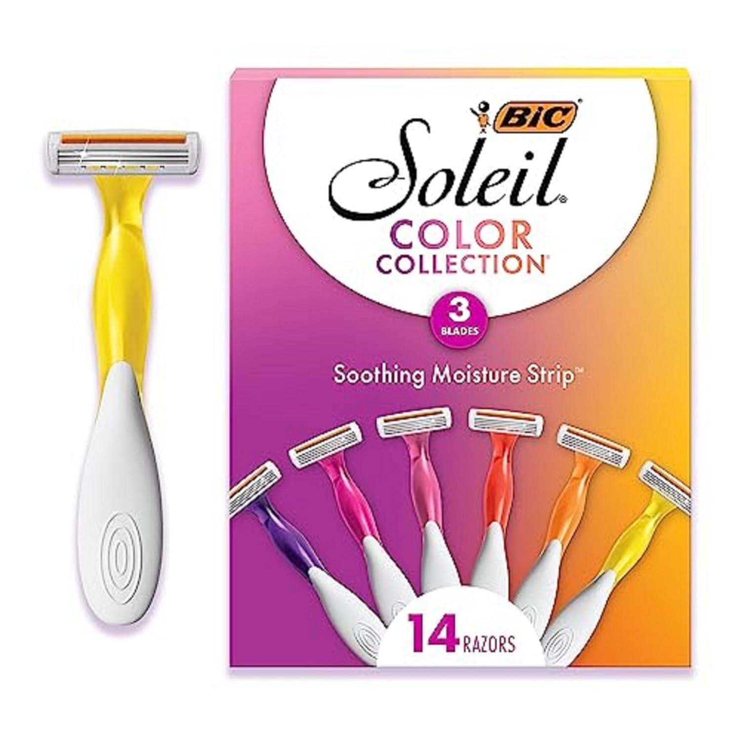 BIC Soleil Smooth Colors Women' Disposable Razors With Aloe Vera and vitamin E Lubricating Strip for Enhanced Glide, With 3 Blades, 14 Count