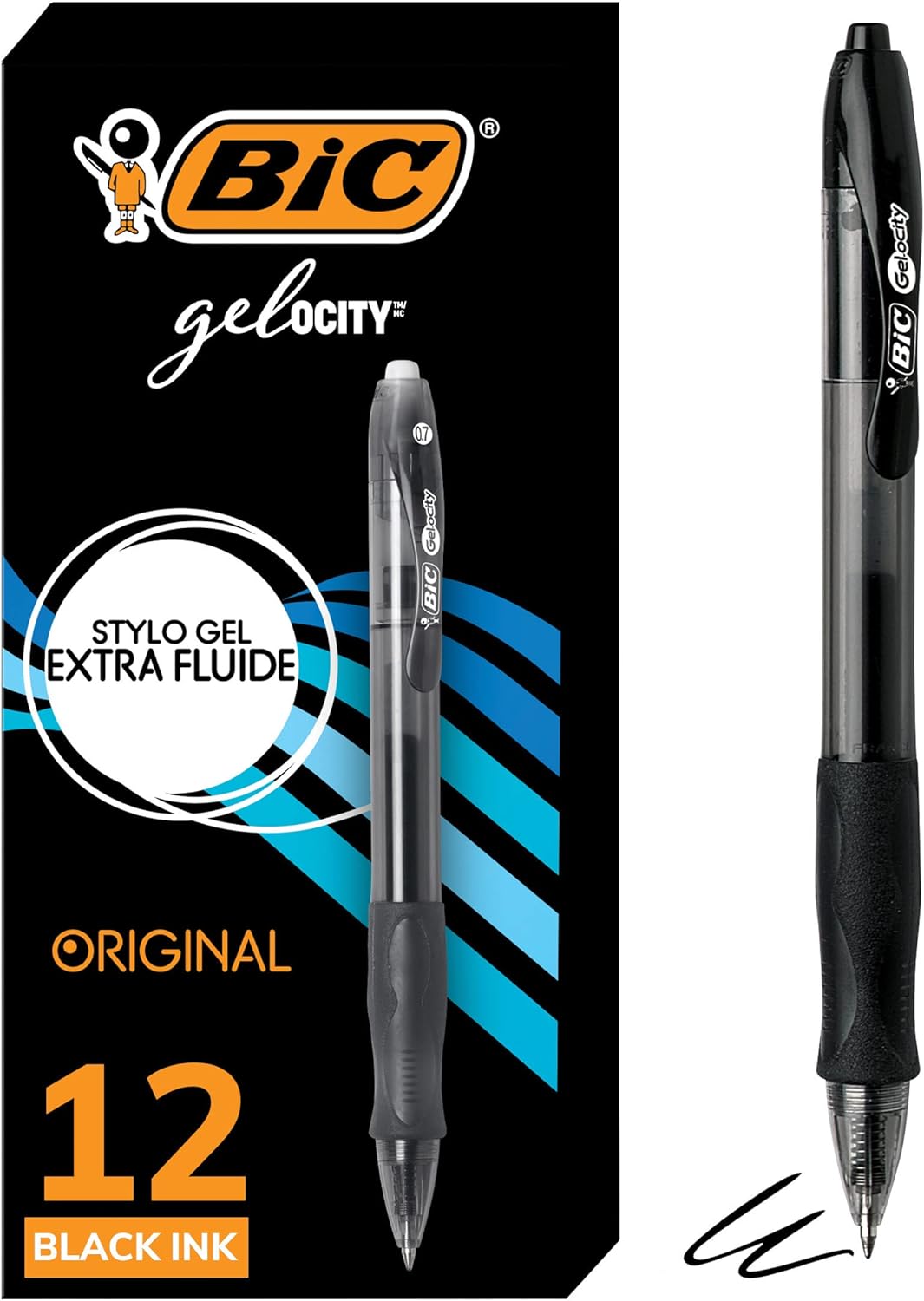 BIC Gel-ocity Original Black Gel Pens, Medium Point (0.7mm), 12-Count Pack, Retractable Gel Pens With Comfortable Grip