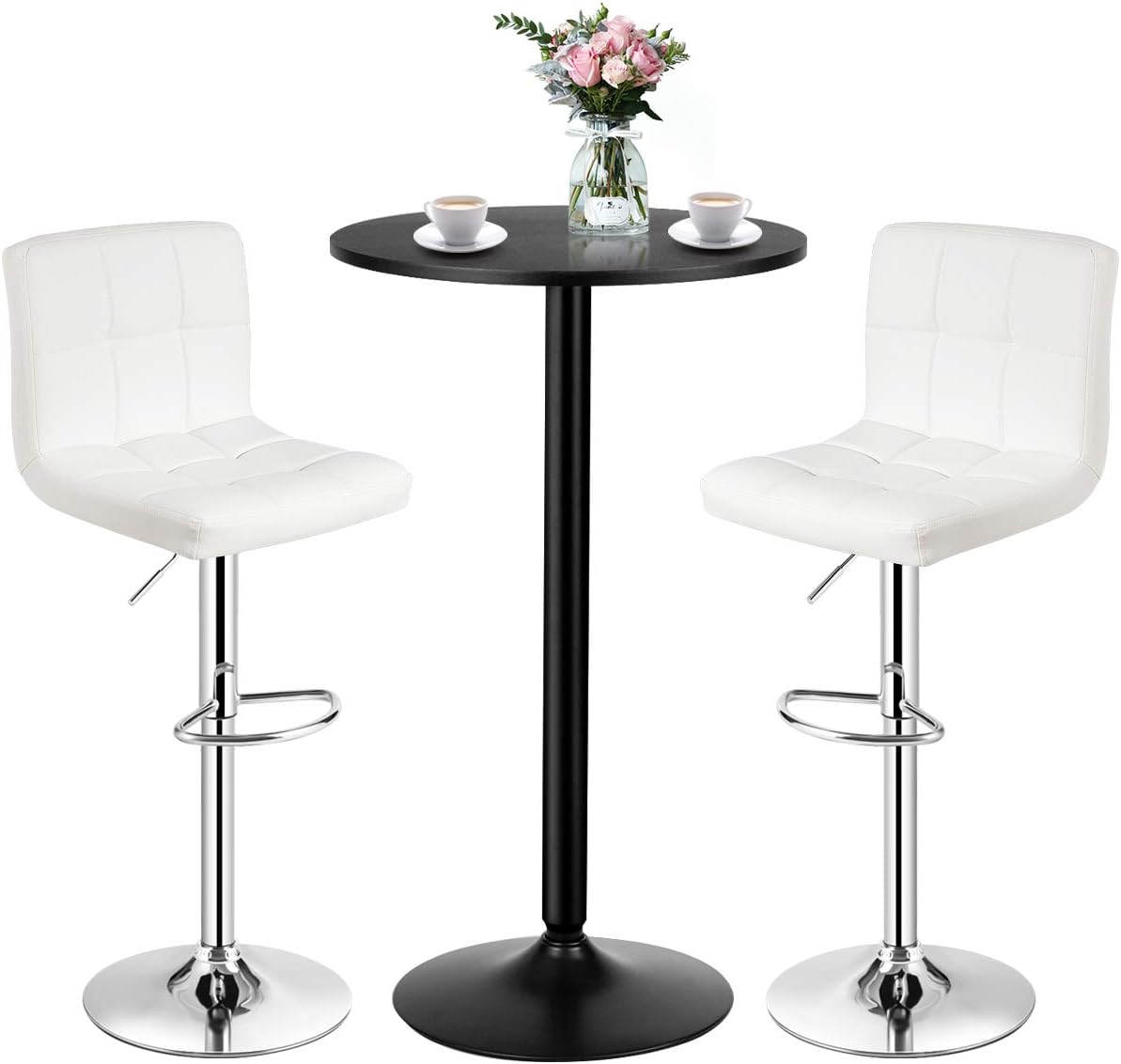 COSTWAY 3-Piece Bar Table Set, Round Cocktail Table and PU Leather Adjustable Swivel Chairs, Modern Counter Height Table Set with 2 Bar Stool for Kitchen, Office (White)