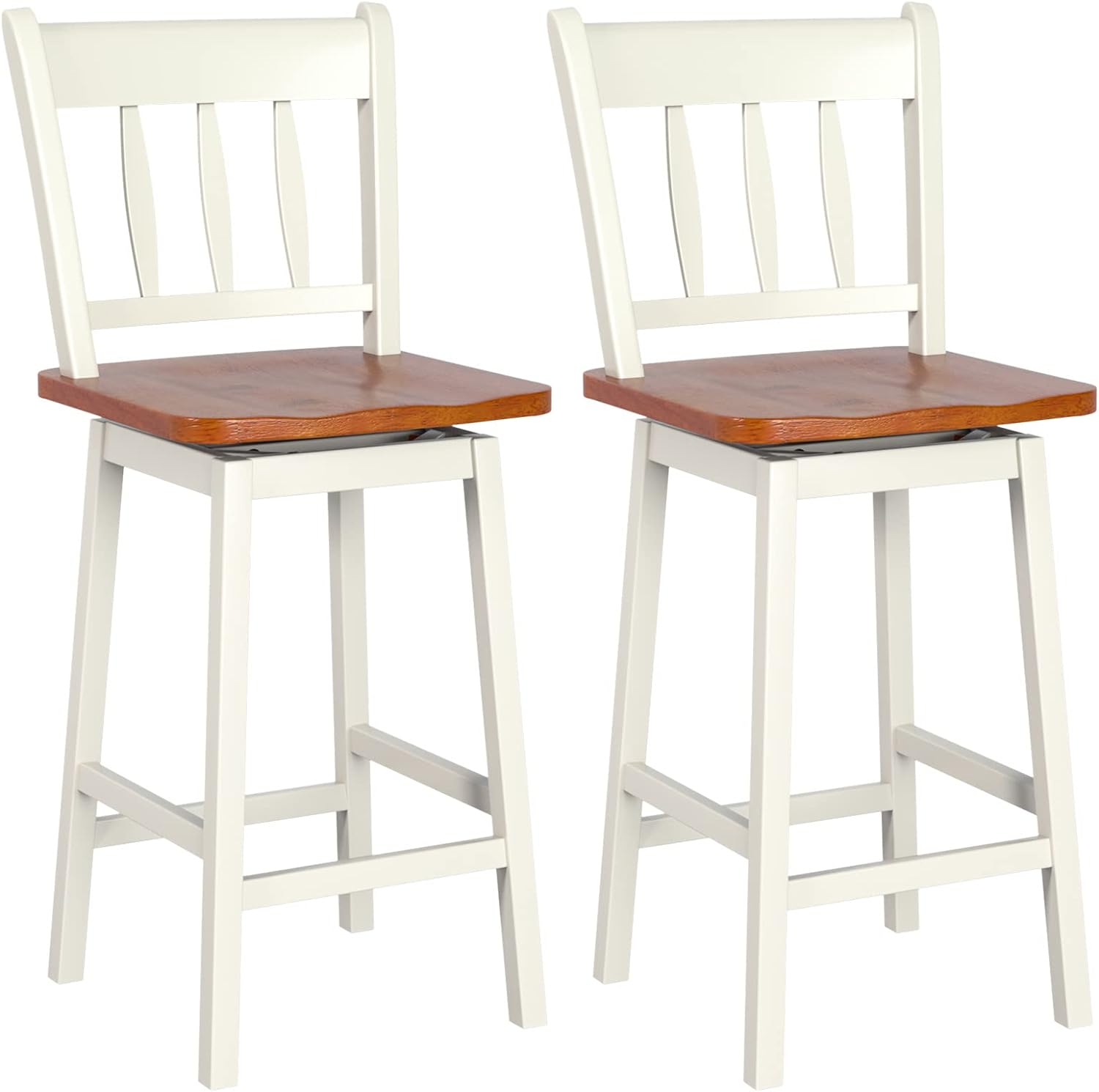 COSTWAY Bar Stools Set of 2, 24.5 Inch Solid Rubber Wood Bar Chairs with 360 Swiveling, Footrest, Swivel Counter Height Barstools with Back Ideal for Kitchen Island, Counter, Pub(Set of 2, White)