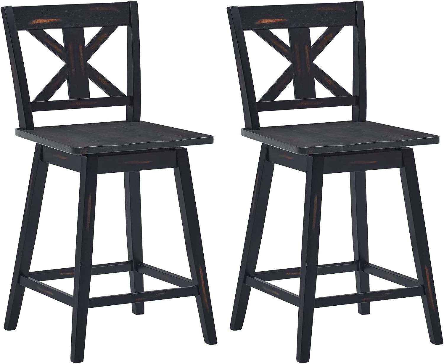 COSTWAY Bar Stools Set of 2, 360 Degree Swivel Counter Height Chairs w/Non-Slip Foot Pads, Rubber Wood Bar Chairs, Vintage Bar Stools for Home, Restaurant & Pub (Black)