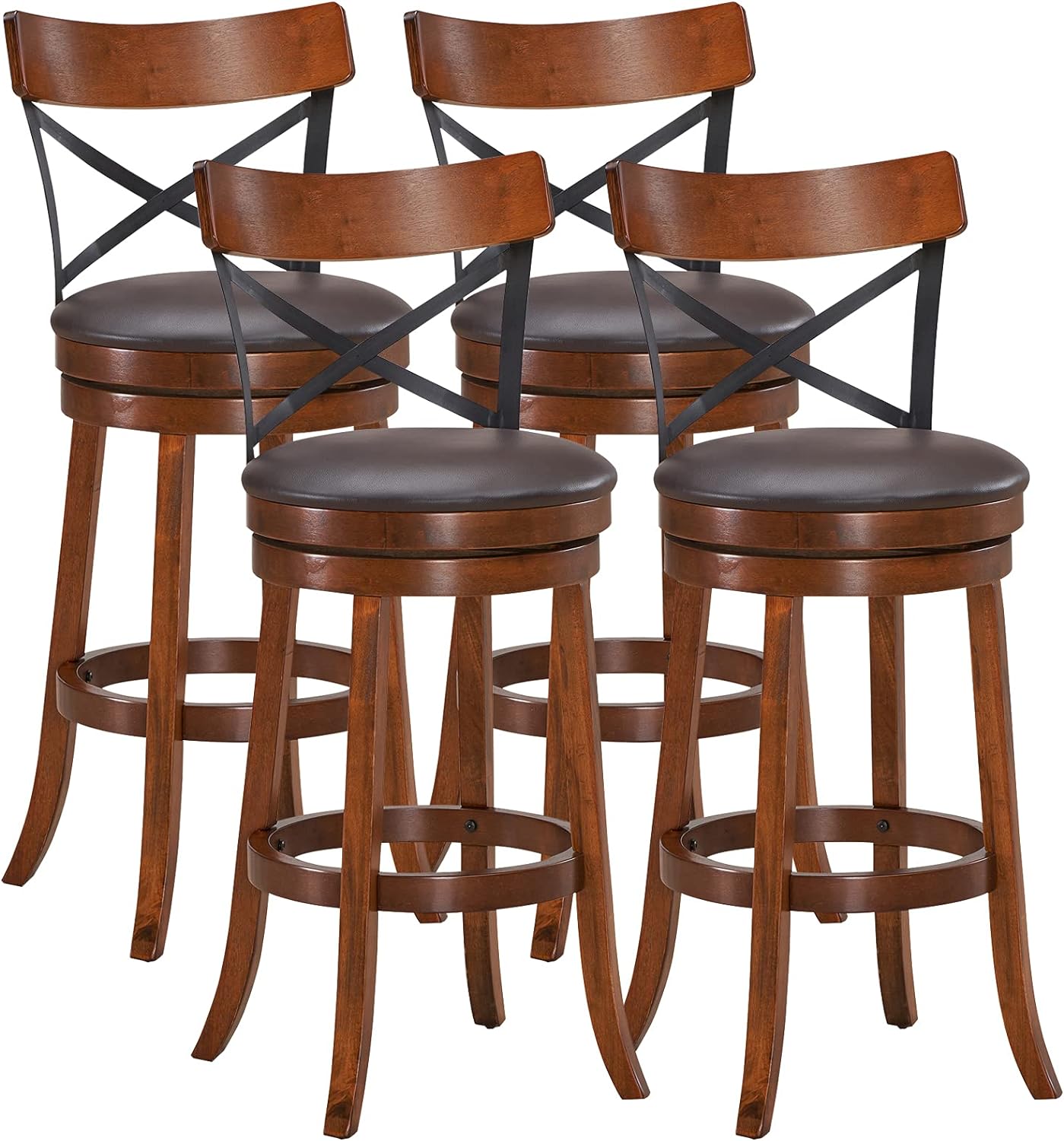 COSTWAY Bar Stool Set of 4, 360-Degree Swivel Solid Wood Stools with Soft Cushion & Backrest, 29.5 Height Kitchen Counter Bar Stools for Kitchen Island, Pub, and Restaurant (4, 29in)