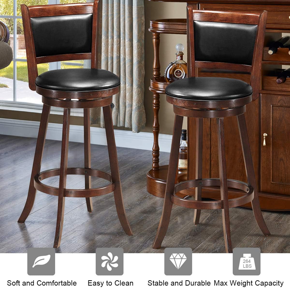 COSTWAY Bar Stools Set of 2, 360 Degree Swivel, Accent Wooden Swivel Seat Bar Height Stool, Leather Upholstered Design, PVC Cushioned Seat, Perfect for Dining and Living Room (Height 29)