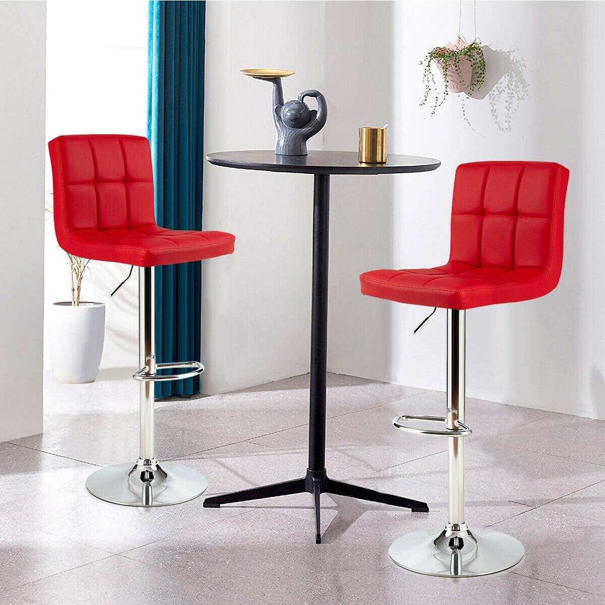 COSTWAY Bar Stools Set of 2, Modern Swivel Adjustable Height PU Leather Barstools with Back, Square Armless Counter Height 2-Pack Bar Chair for Kitchen Island Dining Living Bistro Pub Counter, Red