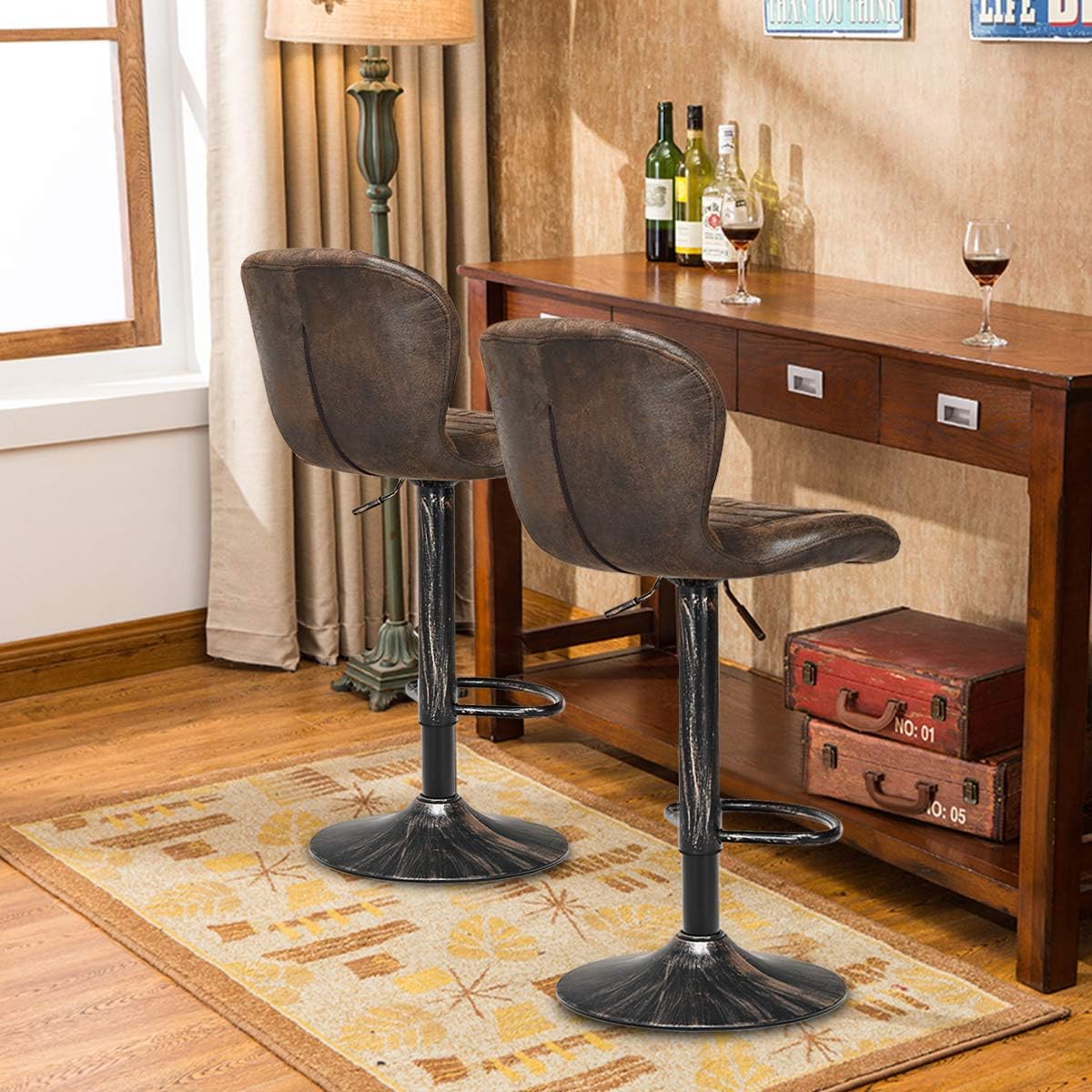 COSTWAY Bar Stools Set of 2, Adjustable Swivel Barstools with Back, Hot-Stamping Cloth and Chrome Footrest, Barstools Bar Height Chairs for Kitchen Dining Living Bistro Pub, Retro Brown