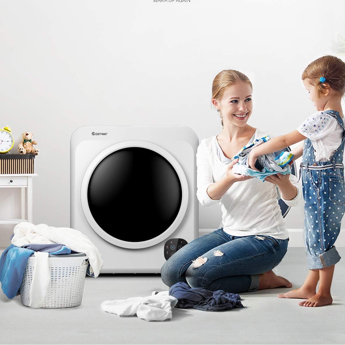 COSTWAY 1700W Electric Portable Clothes Dryer, 13.2 lbs Capacity Front Load Compact Tumble Laundry Dryer with Stainless Steel Tub, Easy Control Button Panel Downside for Variety Drying Mode, White