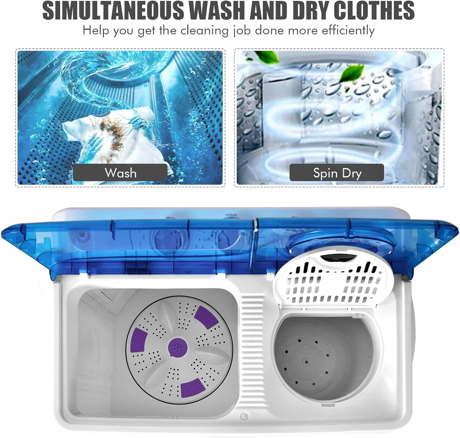 COSTWAY Portable Washing Machine, 2-in-1 Twin Tub 26lbs Capacity Washer(18lbs) and Spinner(8lbs) with Control Knobs, Timer Function, Drain Pump, Compact Laundry washer for Home Apartment RV, Blue