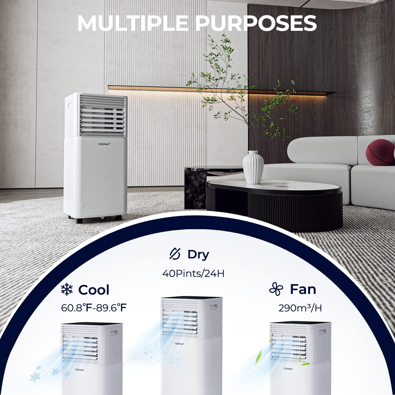 Costway 40 Pint Portable Air Conditioner, 8000 BTUs, 4-in-1 Mode, Smart Operation, Humanized Sleep Mode, Customized Details, Protective Features, Compact Size, Easy Installation