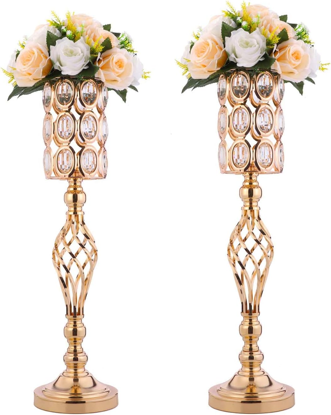 24in Metal Diamond Crystal Wedding Centerpiece Vases for Tables Set of 2, Gold Versatile Tall Flower Holders Centerpiece Flower Stands for Wedding Party Reception Dining Room Living Room Dcor