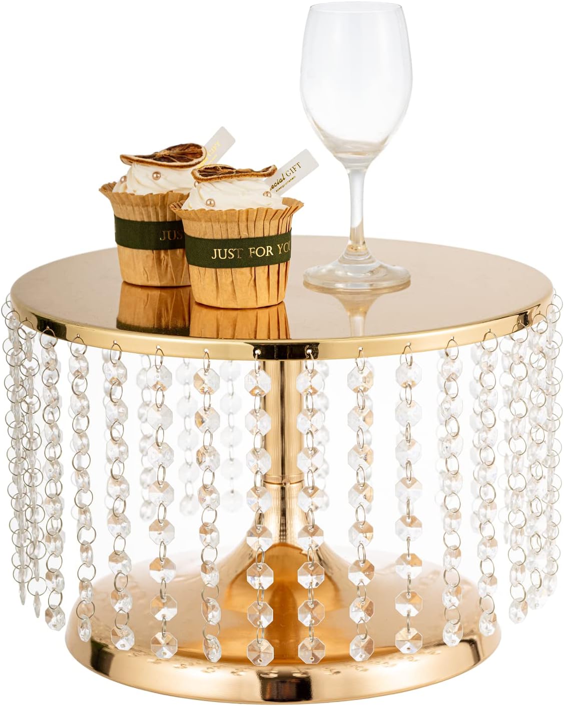 8 Inch Tall Wedding Gold Cake Stand - 12" Dia Round Base Cake Serving Stand with Crystal Chandelier, Dessert Cupcake Pastry Candy Display Plate for Weddings, Birthdays and Special Occasions