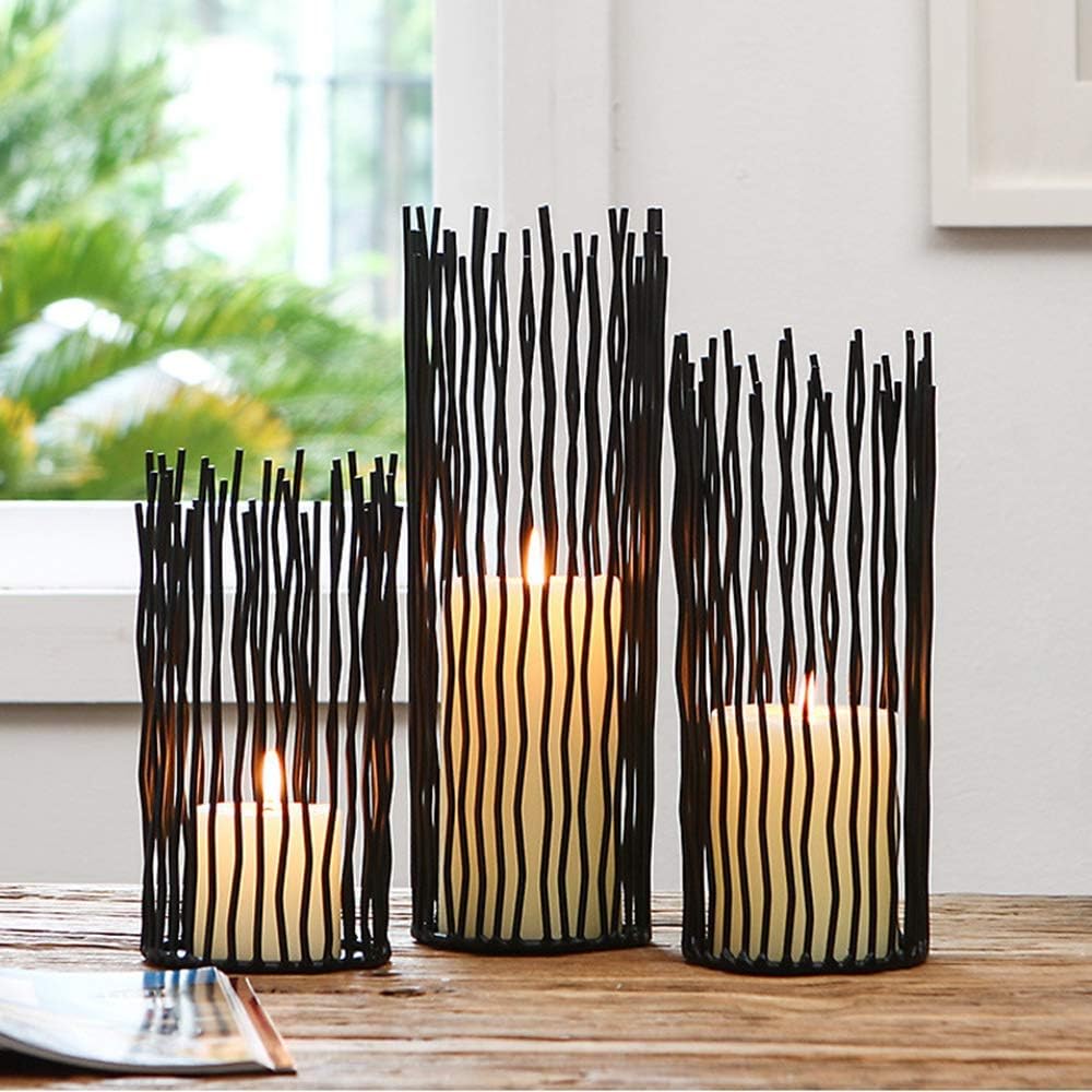 Metal Wire Willow Pillar Candle Holder Set of 3, Creative Wire Cage Candleholder Set for Fireplace Mantel Decoration, 8/10/12 inch Black Tealight Lanterns for Table Centerpiece