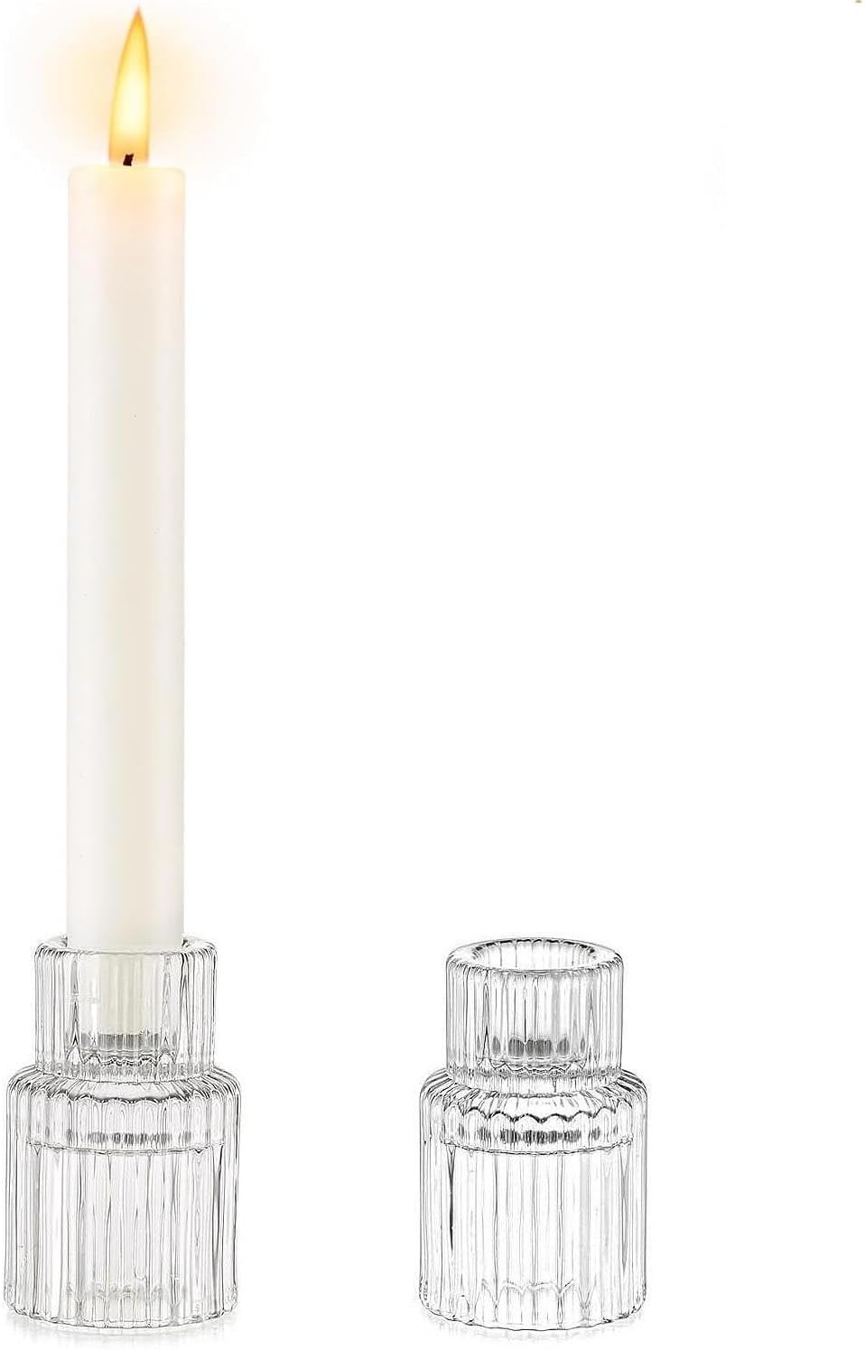 Clear Glass Votive Candle Holder Candlestick Holders - Set of 2, Taper Candle Holders for Standard 3/4 Inch Tapered Candles, Vintage Home Decor Wedding Centerpiece (2, Clear)