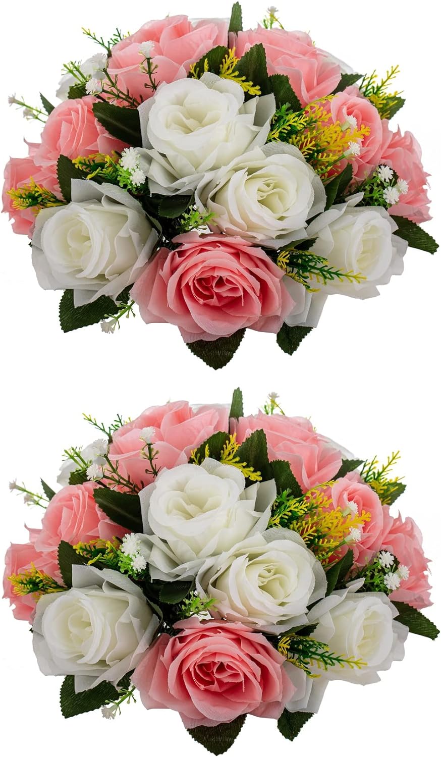 Artificial Flowers Rose Centerpieces - 2 Pcs Faux Flower Kissing Ball Fake Flower 15 Heads Plastic Roses with Base Perfect for Wedding Bouquets Party Table Decor for Flower Balls Wedding(Pink White)