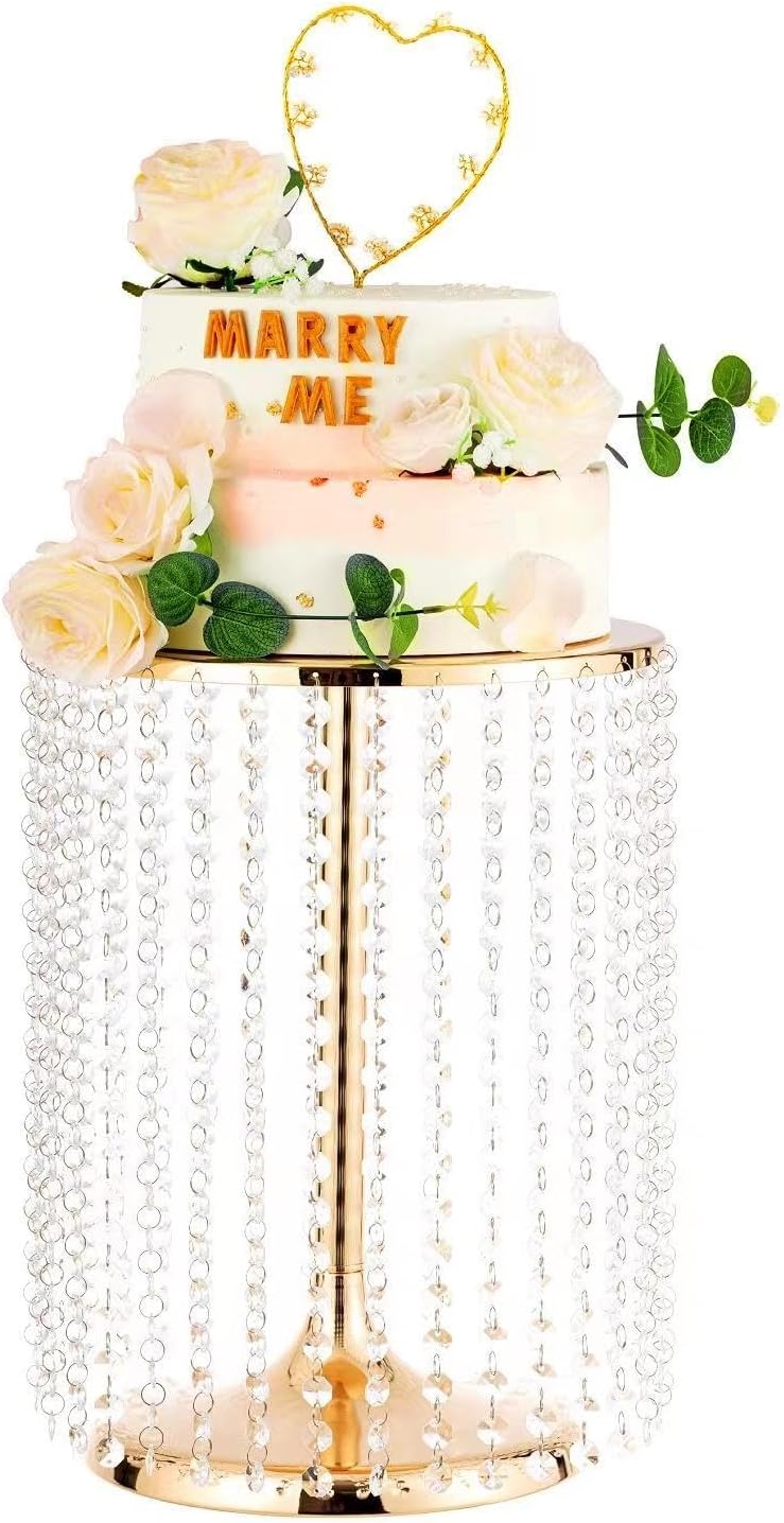 12in Dia Crystal Pendant Cake Stand,16" High Gold Dessert Table Display Set,Can Hold Thick for Heavy Or Multi-Tiered Cakes,Use for Important Event,Wedding Party Dessert Cake and Cupcake Decoration