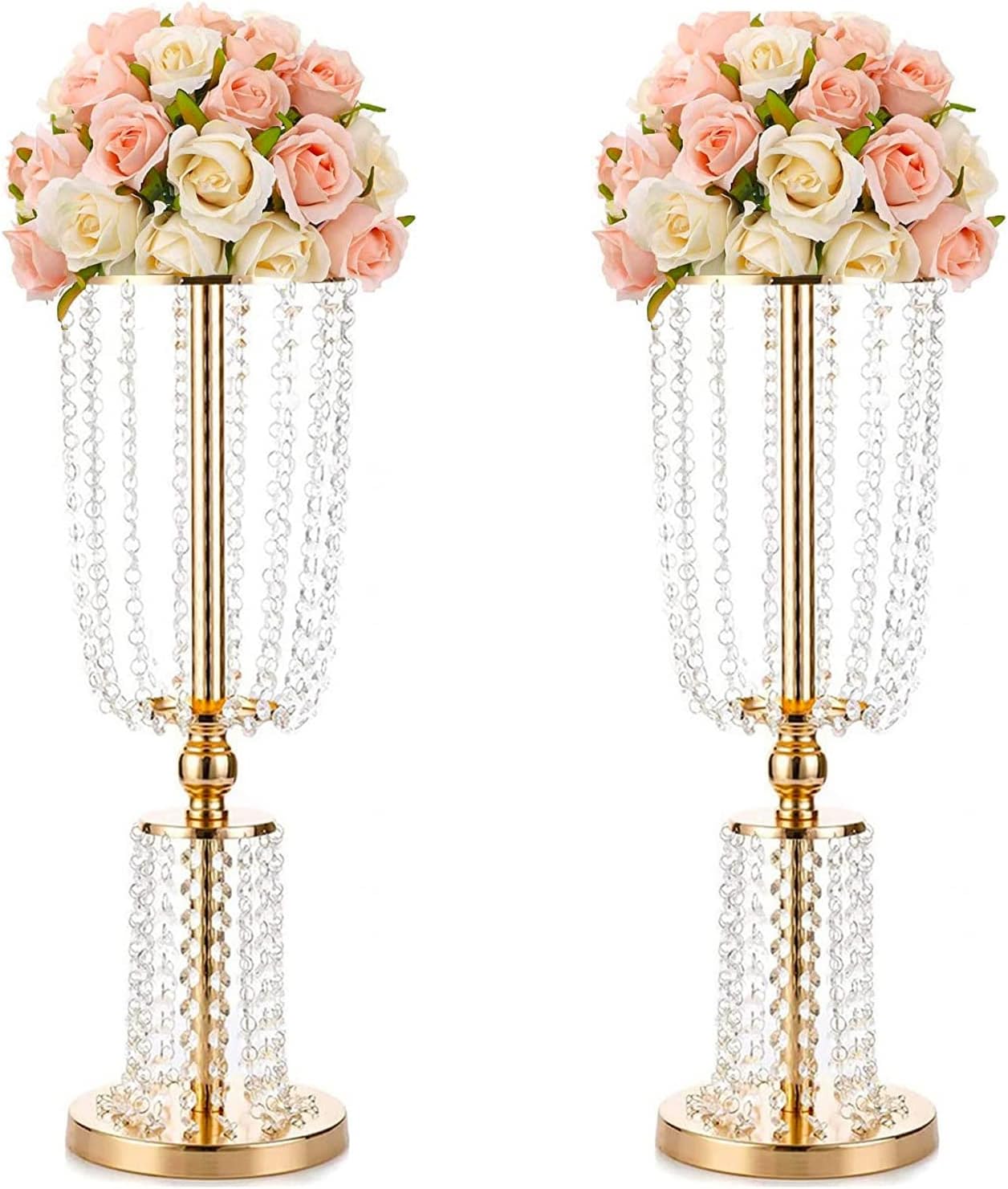 LoveCat 2 Pcs of Silver Wedding Centerpieces Flower Vases, Metal Centerpiece Vases,24.4in/62cm Home Decor Vases with 2-Tier Acrylic Crystal Strings,Suitable for DIY Enthusiasts