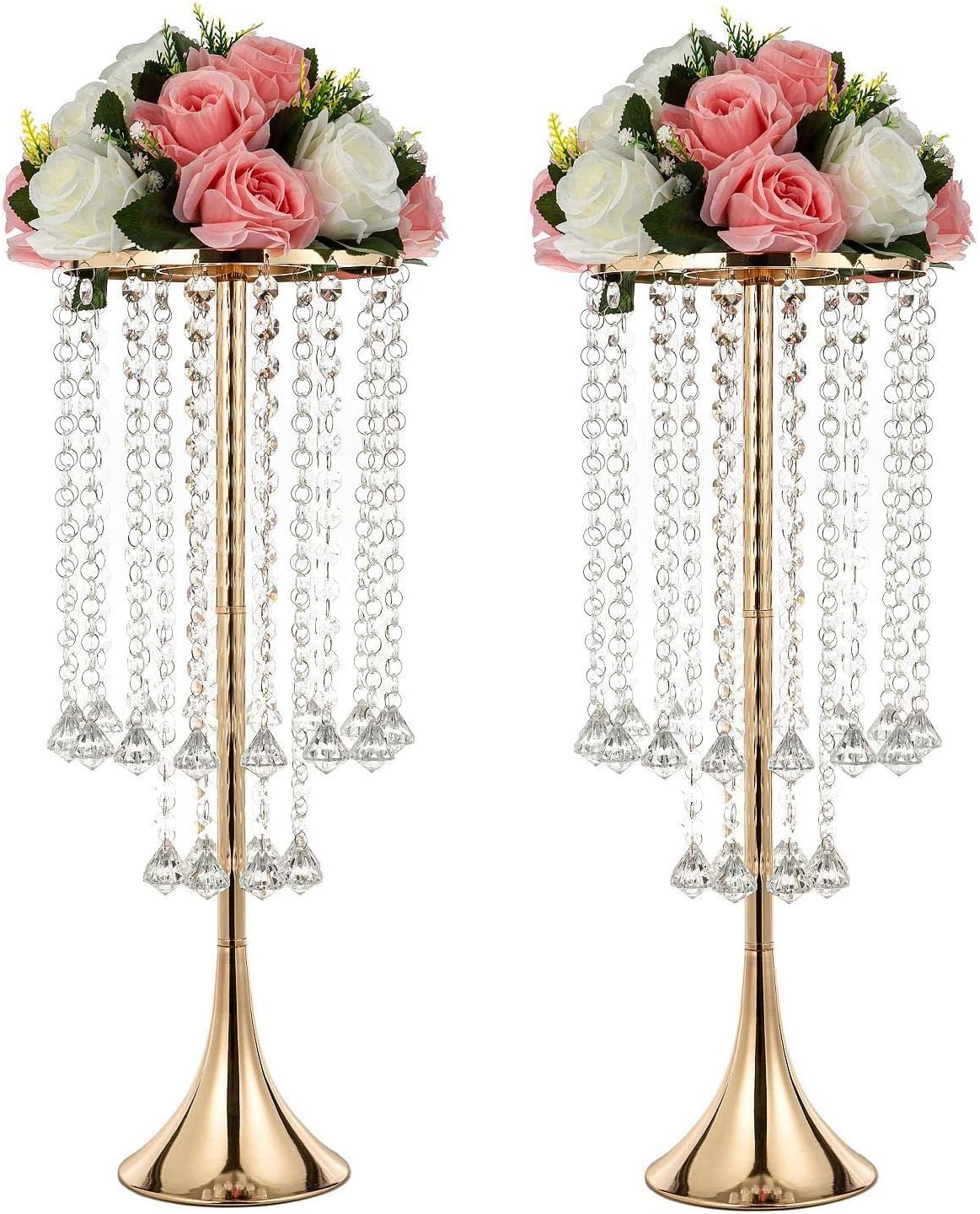 2Pcs 21.88" Centerpieces Tall Crystal Metal Vase Gold Flower Stand Vase for Table Wedding Centerpieces Decoration-Artificial Flower Vase for Dining