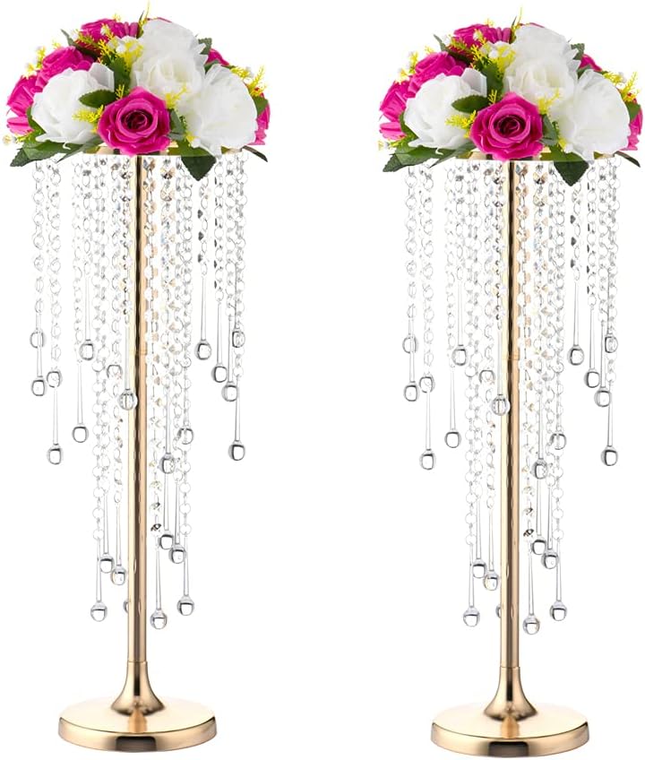 21.6in Bead Crystal Flower Arrangement Stand, Golden Flower Holder 2-Piece Lead Road Candle Holder,for Home Party Wedding Anniversary Christmas Decorations