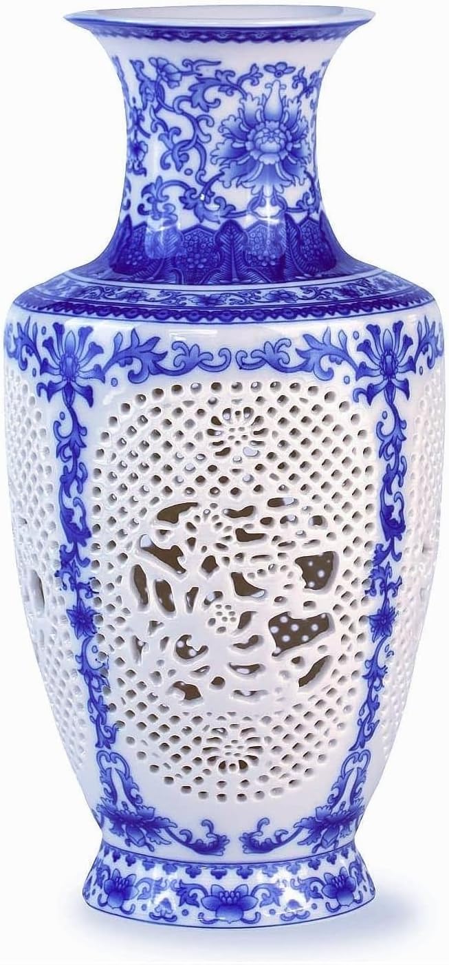 Blue and White Porcelain- 11" Ceramic Tall Vase Handmade Decorative Vases, China Pottery Flower Bottle Vase for Home Decor, Vintage Chinese Home Living Room Bookshelf Table Centerpiece Vase(02)