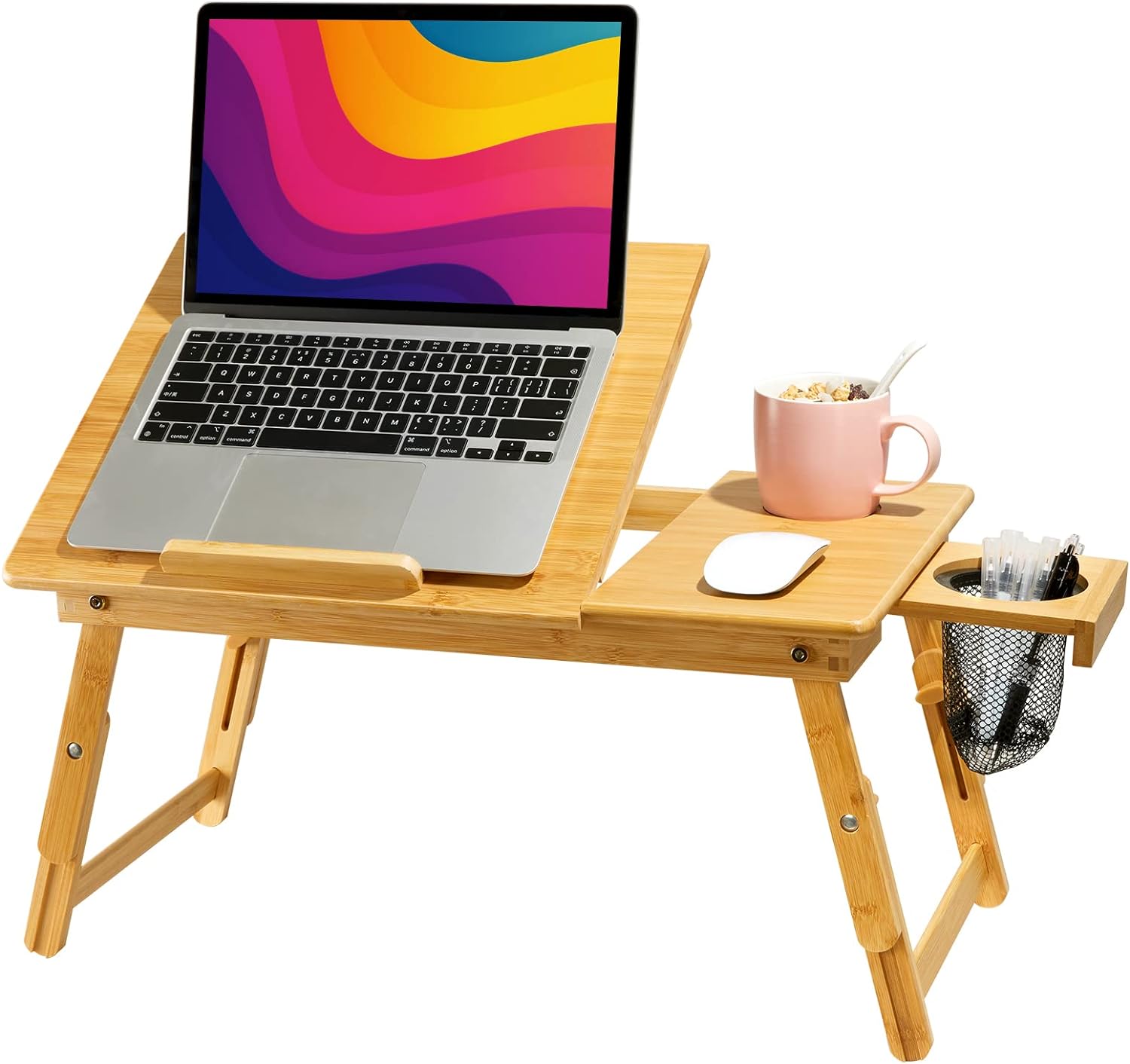 HUANUO Lap Desk- Fits up to 15.6 Inch Laptop Desk, Foldable Bed Tray Breakfast Table with 5 Angles Tilting Top, Height Adjustable Laptop Stand with Storage Net