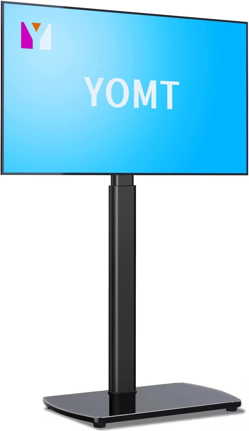YOMT Universal TV Floor Stand with Apple TV/Roku Ultra Mount for 27-65 Inch LCD LED OLED TVs, Swivel Height Adjustable and Space Saving Design for Corner Bedroom Living Room, Black