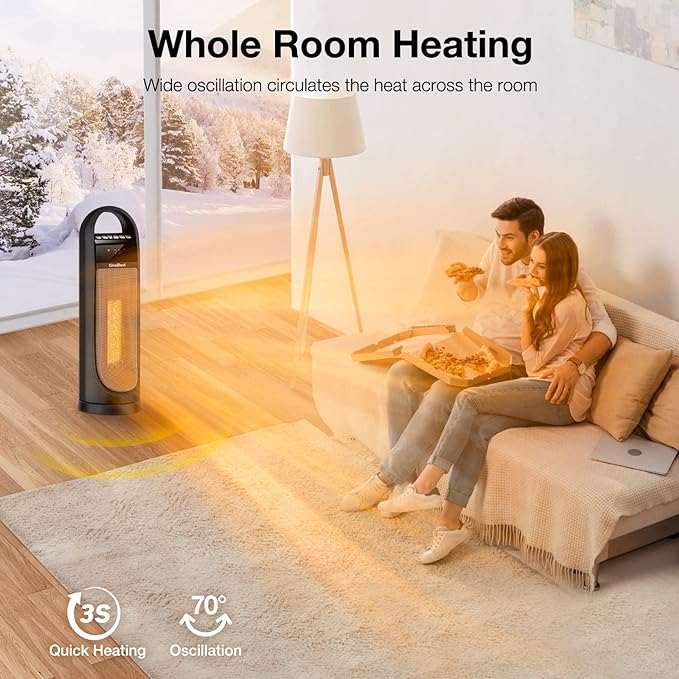 Tower Space Heater Indoor Use, 22" Electric Room Heater, Oscillating Floor Heater with Thermostat, Remote, Timer, Tip-Over Protection, Portable Quite Heater for Large Room Bedroom Office, 1500W