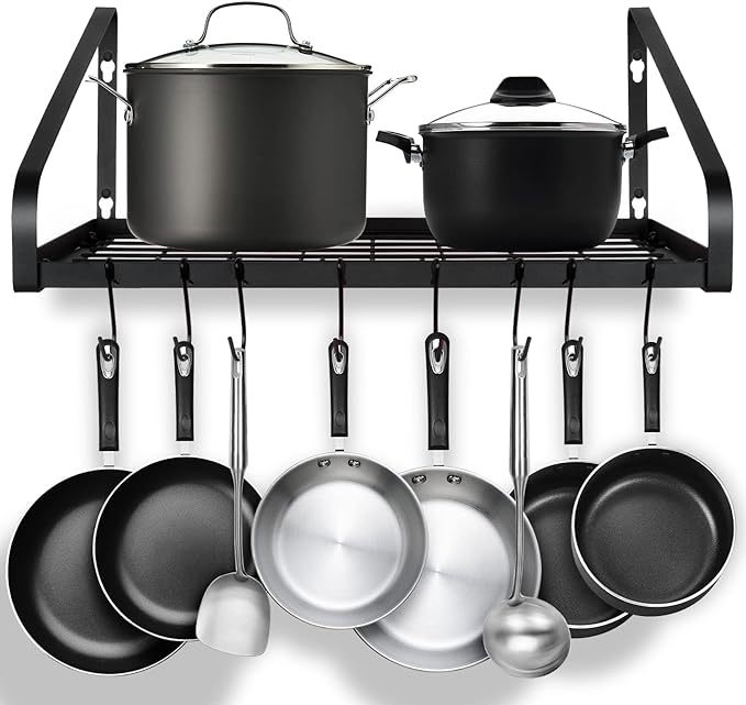 G-TING Hanging Pot Rack, Pot and Pan Organizer Wall Mounted Pots Holder Kitchen Storage Shelf with 8 Hooks, Ideal for Pans Set, Utensils, Cookware, Books, Household, Black, 2 DIY Methods