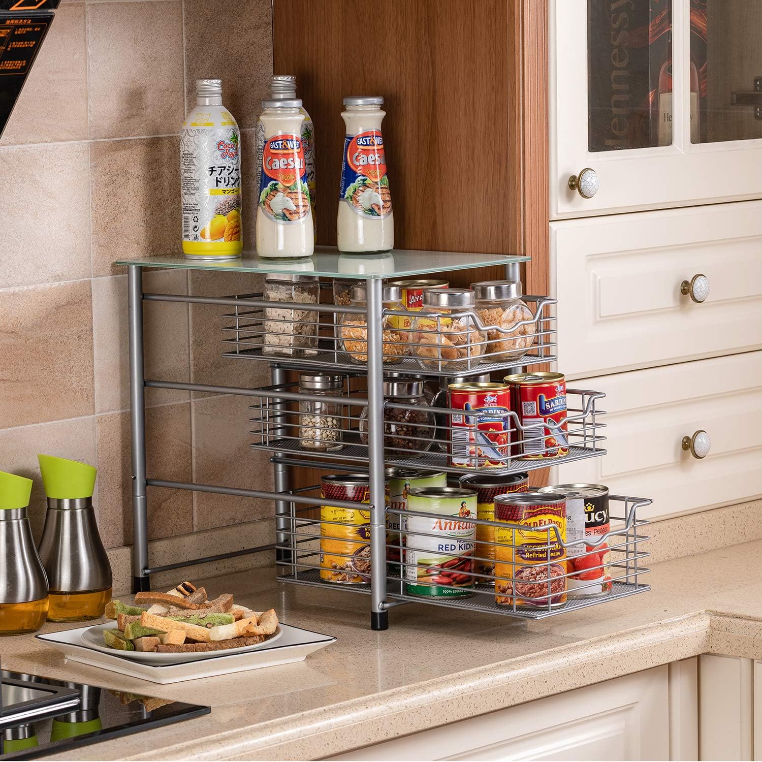  Flagship 3 Tier Sliding Backet Organizer Drawer with Crystal Tempered Glass Mesh Shelves for Spice Rack Countertop Kitchen Under Sink Drawer Bathroom Office (Silver) 