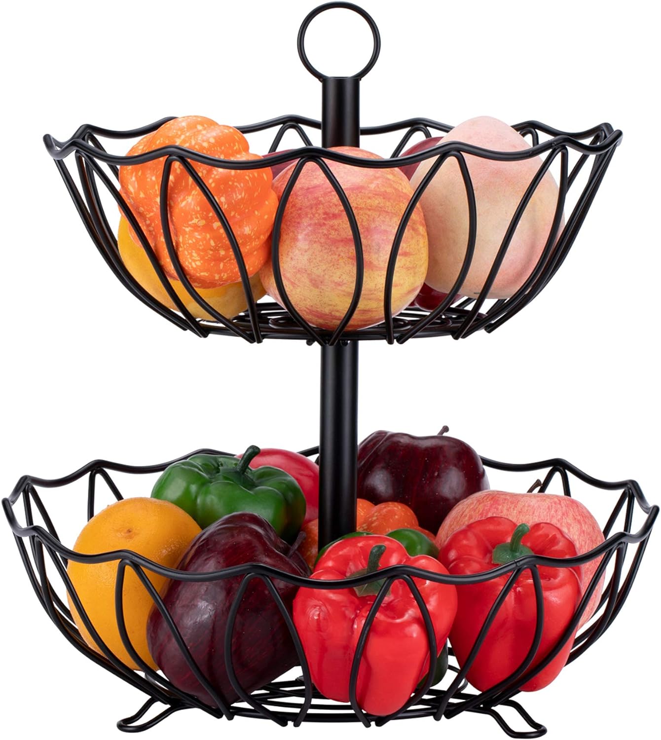  FlagShip 2 Tier Fruit Basket Stand Vegetable Fruit Wire Basket Holder Rack Metal Cast Iron with Handle for Kitchen Home Countertop Bathroom 
