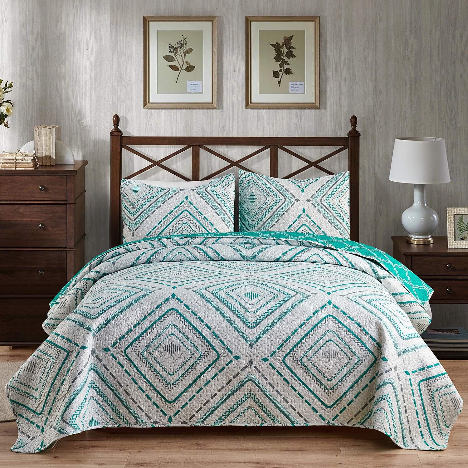  JML Quilt Set, 3 Pieces Bedspread Coverlet Cover - Soft Brushed Microfiber, Lightweight Printed Bedspread Set (White/Green, Full/Queen 88 ) 