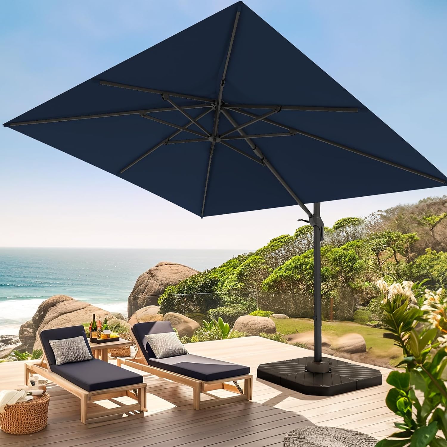 wikiwiki 10x10FT Cantilever Patio Umbrella Outdoor Offset Square Umbrella w/ 36 Month Fade Resistance Recycled Fabric, 6-Level 360Rotation Aluminum Pole for Deck Pool, Navy Blue