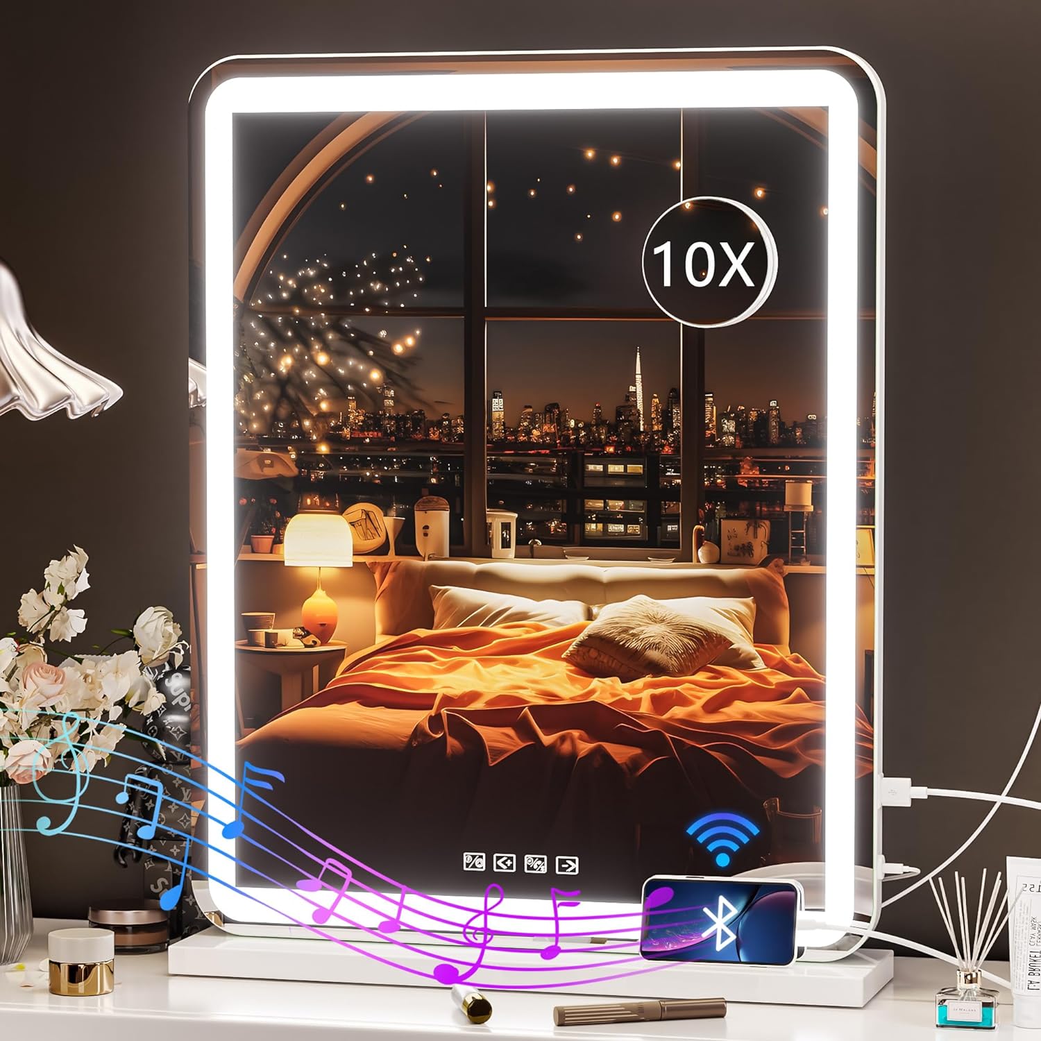 Hasipu Vanity Mirror with Lights and Bluetooth Speaker, 20 x 25 LED Makeup Mirror, Light up Mirror with 10X Magnification and USB Charging Port, Smart Touch 3 Colors Dimmable (White) 