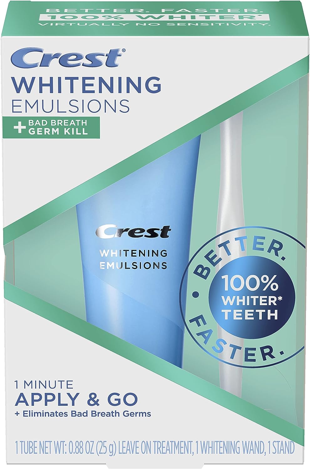 Crest Whitening Emulsions   Bad Breath Germ Kill Leave-On Teeth Whitening Gel Kit with Wand Applicator and Stand, Apply & Go, 0.88oz